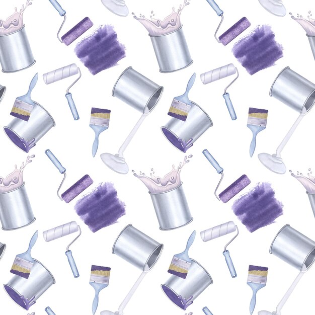 Naadloze patroon paarse verf lekt violet roller reparatie tool getekende aquarel illustratie
