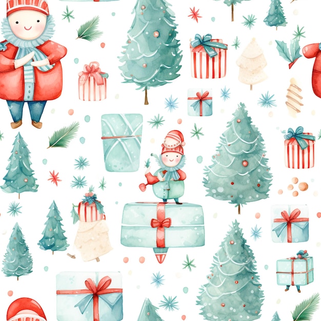 Naadloze patroon Set van Cute cartoon Christmas vintage aquarel ontwerp AI gegenereerd