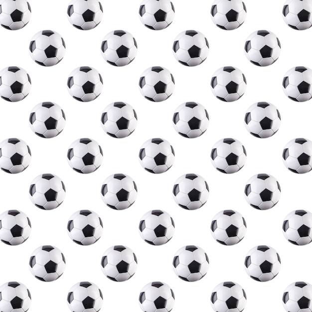 Naadloze patroon van ballen. Zwart-wit voetbal ballen vliegen in de lucht, geïsoleerd op een witte achtergrond. Minimalistisch concept van sport
