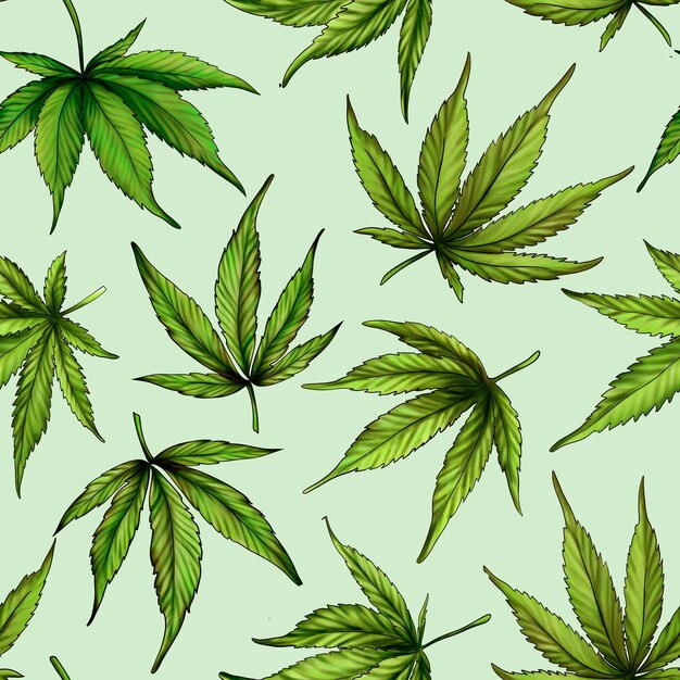 Naadloze patroon van groene cannabisbladeren op een groene achtergrond groene hennepbladeren hand getekende illustr