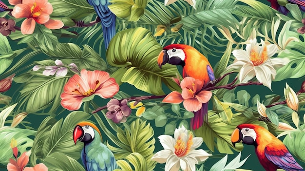 Naadloze tropische achtergrond met papegaaien bloemen en bladeren