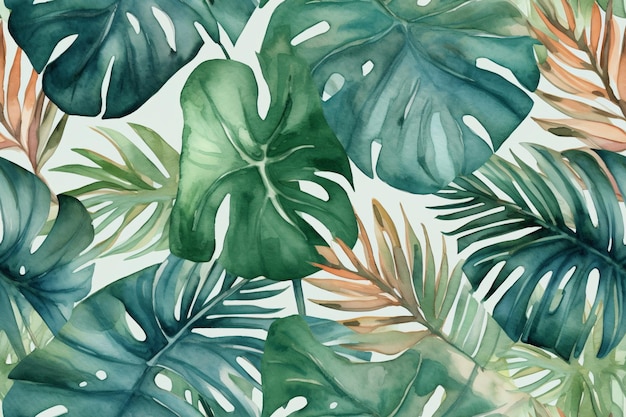 Foto naadloze tropische bladeren achtergrond monstera strelitzia palmen aquarel jungle patroon generatieve ai