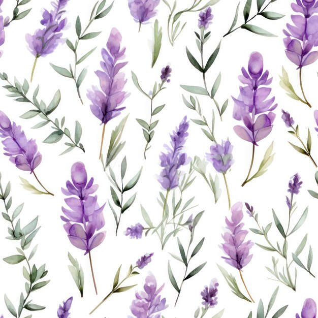 Naadloze waterkleurige lavendelbloem met bladpatroon op witte achtergrond