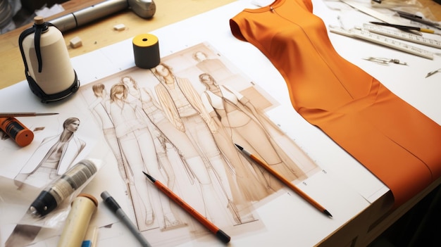 Foto naaien modeontwerper constructeur werkt aan het maken van kleding, een specialist ontwerpt kastartikelen, creëert tekeningen en patronen, technische implementatie van mode-ideeën