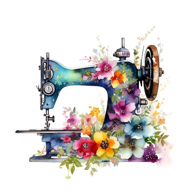 Naaimachine in een aquarel stijl met bloemen op een witte achtergrond logo print geïsoleerd object