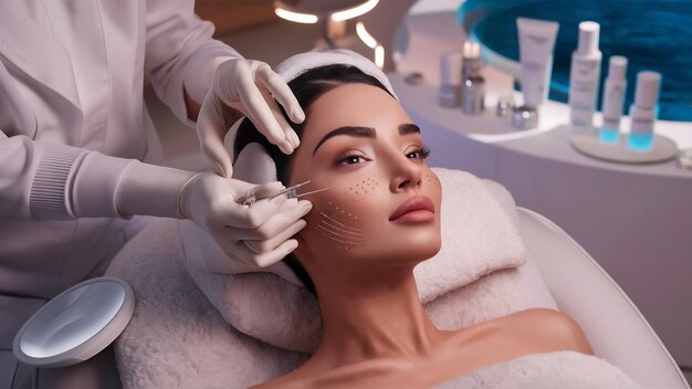 Naaldmesotherapie in schoonheidskliniek cosmetica geïnjecteerd in het gezicht van vrouwen