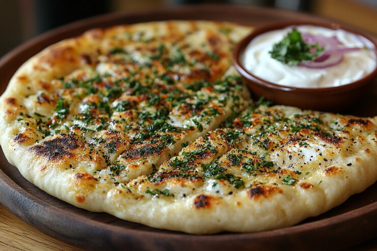 Photo naan bread with a golden brown crust topped with finely chopped mint
