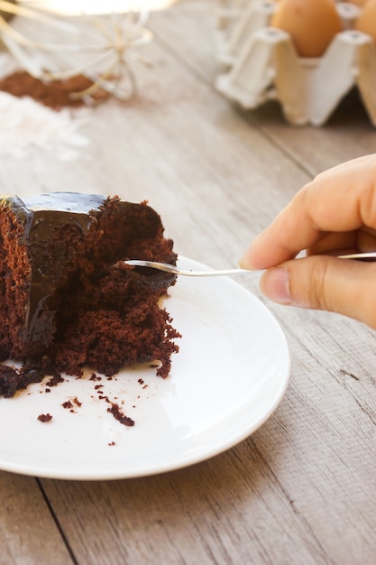 Naar huis gemaakte chocoladecake met chocoladesaus op witte plaat