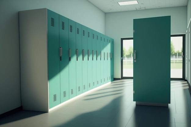 Naast de bank in de lockerruimte staan lockers voor de sportvereniging en het zwembad