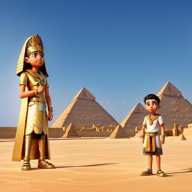 Naast de piramides draagt een jongen een faraonisch kostuum
