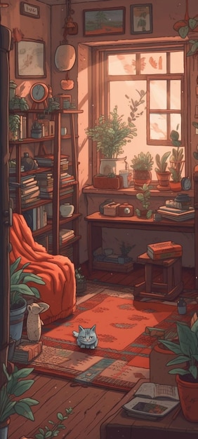 Naast een boekenkast staat een boekenkast met een rode deken op de grond.