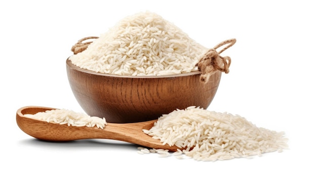 Naast een kom rijst staat een houten lepel rijst