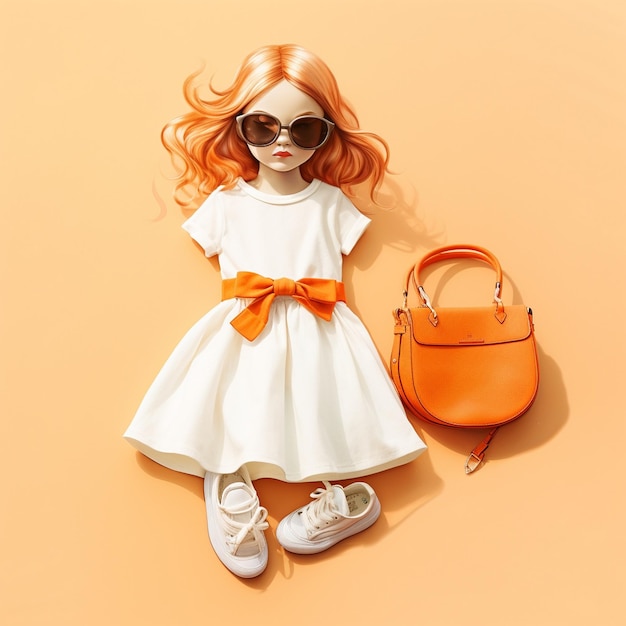 naast een tas staat een pop met een witte jurk en een zonnebril.