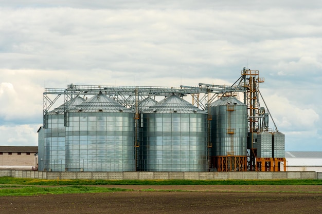 Naast het geploegde landbouwveld zijn zilveren silo's geïnstalleerd op een agro-fabriek voor verwerking, drogen, schoonmaken en opslag van landbouwproducten, meel, granen en graan graanschuurlift