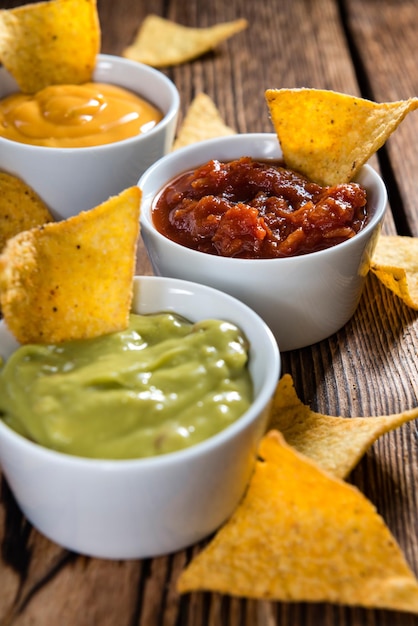 Nacho Dips Salsa Guacamole and Cheese