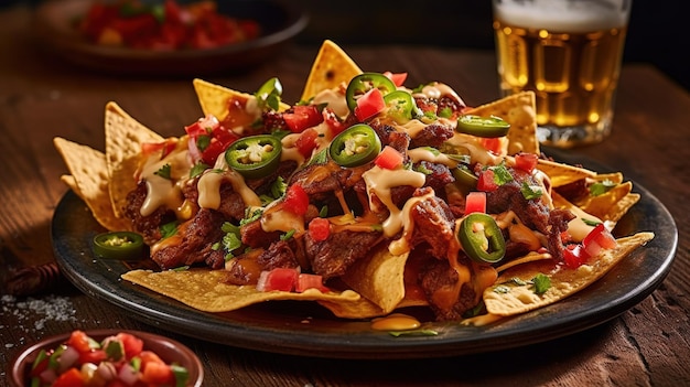 Nacho's met een glas bier op tafel