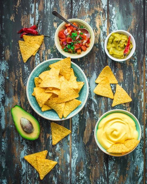 Nachos and assorted dips