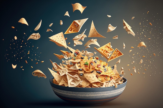 Nachos in a bowl with many pieces flying around in the air