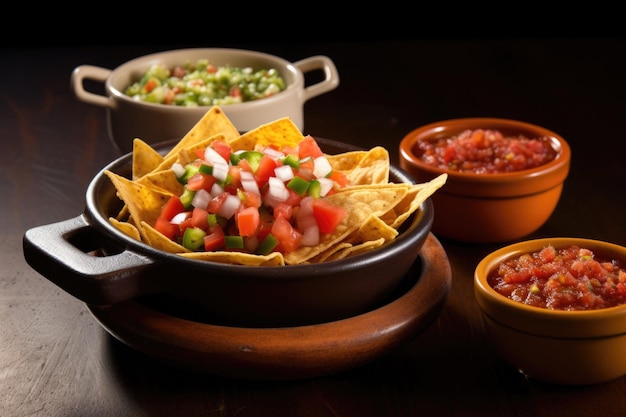 Nachos in a ceramic dish with a side of salsa