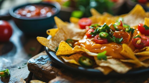 Foto nachos e cheese dip platter contro un tavolo di legno