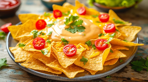 Nachos chips on a plate with cheese sauce in the middle Closeup