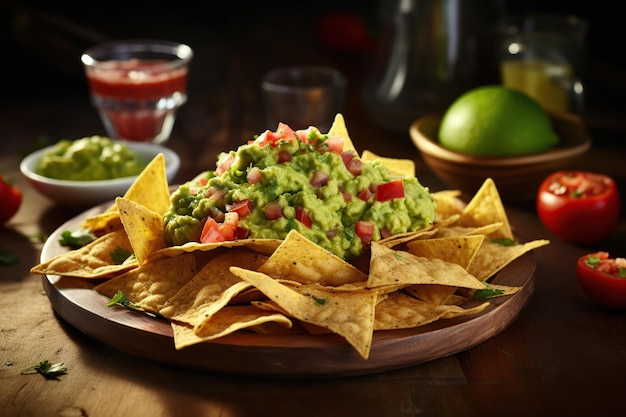 Nachos chips with guacamole and salsa in plate