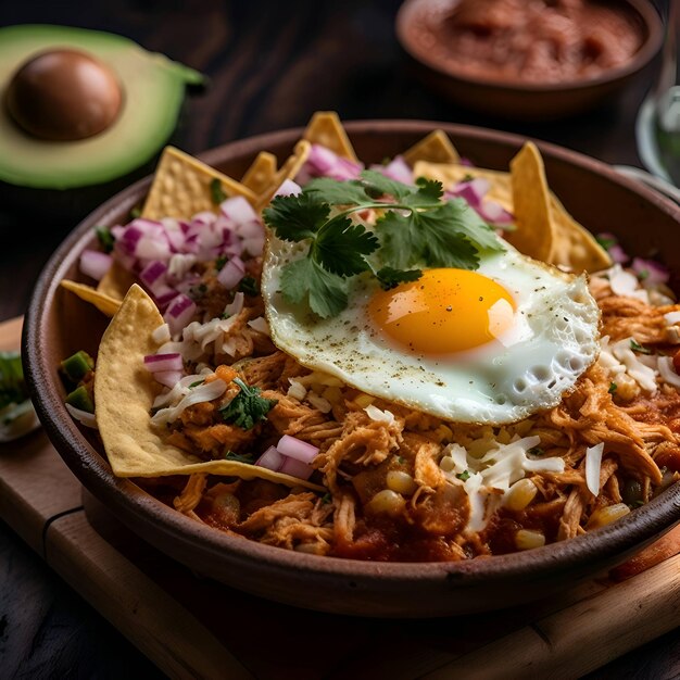 Nachos con carne mexican food with fried egg in a bowl