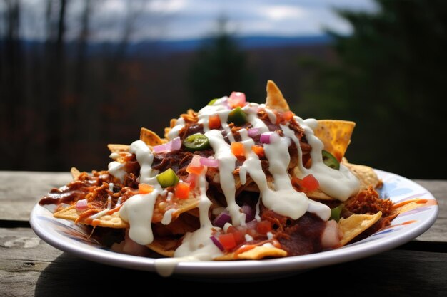 Nachos drizzled with sour cream and salsa