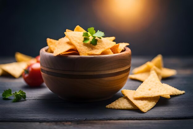 nachos in een kom met een licht achter hen