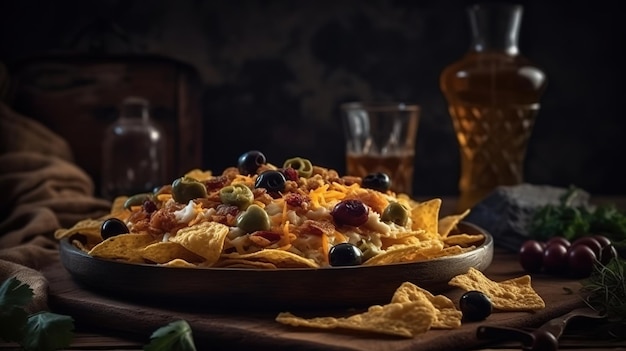 Nachos on a plate with a glass of whiskey behind it