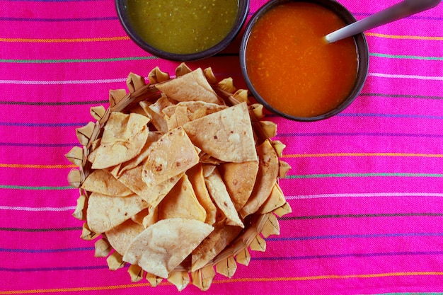 Nachos totopos with chili sauce Mexican food