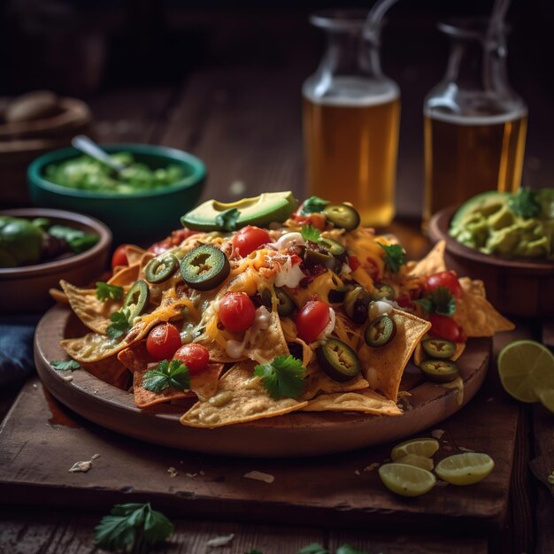 Nachos with a bowl of beer and a plate of nachos on a wooden table.