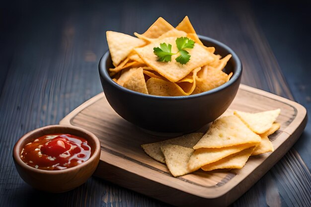 Photo nachos with a bowl of salsa and dip