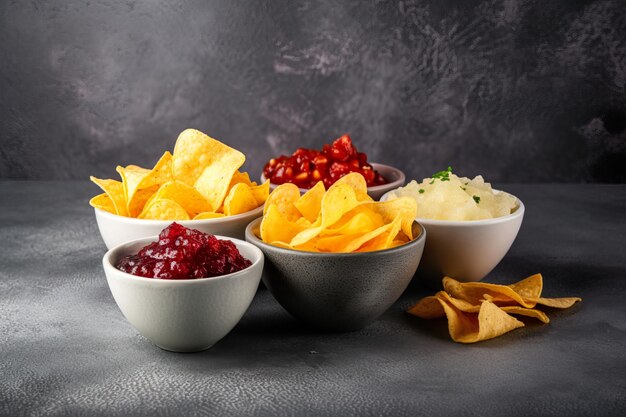 Nachos with bowls of different flavors in a grey background