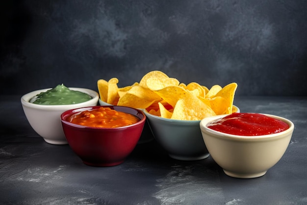 Nachos with bowls of different flavors in a grey background