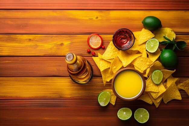 Nachos with bowls of different flavors in a wooden background