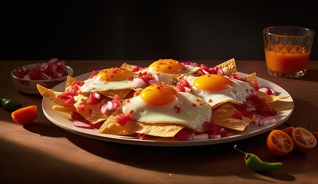 nachos with eggs peppers and salsa on top of a white plate