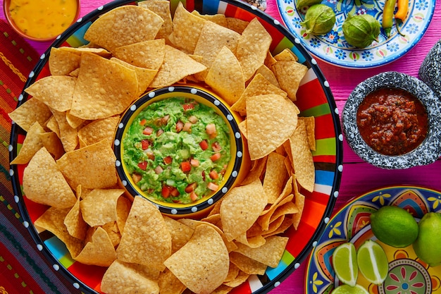 Nachos with guacamole tortilla chips sombrero