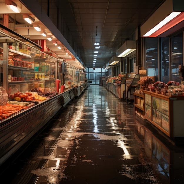 nacht Binnenaanzicht van een winkel supermarkt generatieve ai