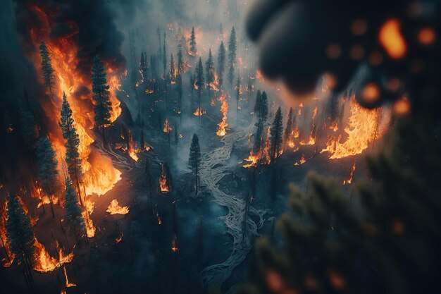 Nacht bosbrand verbrandt de dennenbomen in het bos luchtfoto Ai gegenereerd