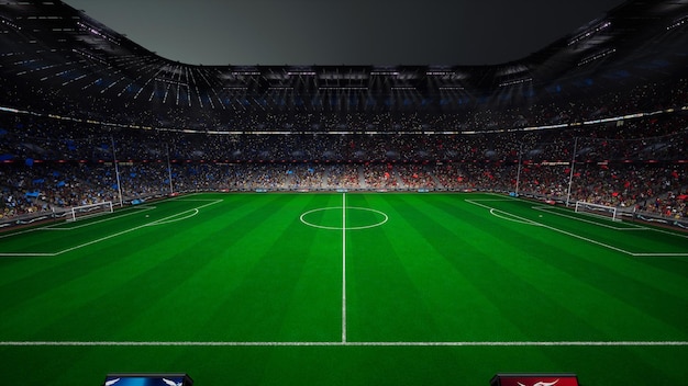 Foto nacht euro stadion arena leeg veld fan menigte blauwe en rode teamvlaggen 4k render