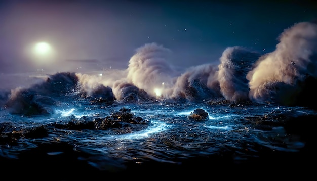 Nacht fantasie zeegezicht met prachtige golven en schuim Nacht uitzicht op de oceaan Neon schuim op water golven Reflectie in het water van de sterrenhemel 3D illustratie