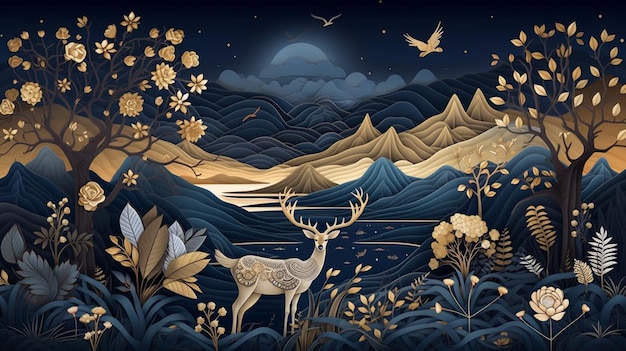 Nacht gouden scène met herten sterren en maan Generatieve AI illustrator