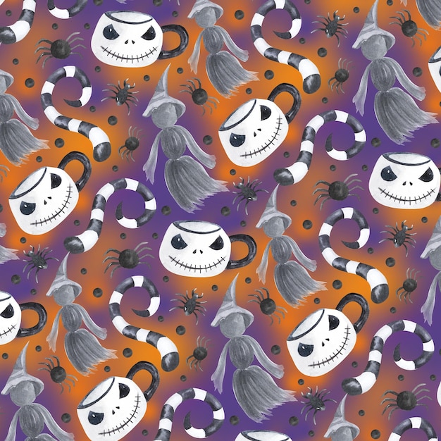 Nacht Halloween naadloze patroon met heks silhouet Hand getekende stijl aquarel op violet