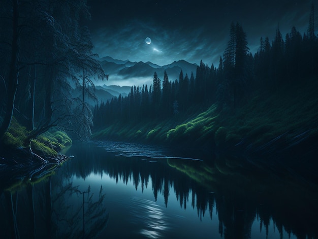 Nacht landschap donkere bos rivier