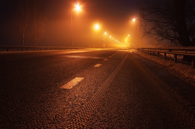 Nacht lege autoweg met bermlichten.