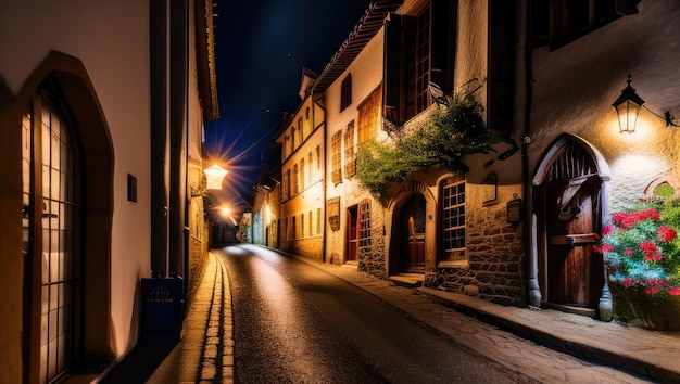 Nacht lege oude historische straat met gloeiende lichten van de bestrating van straatstenen in het klein