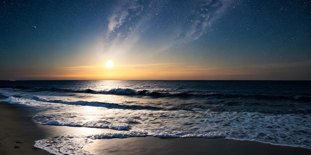Nacht oceaanlandschap volle maan en sterren schijnen