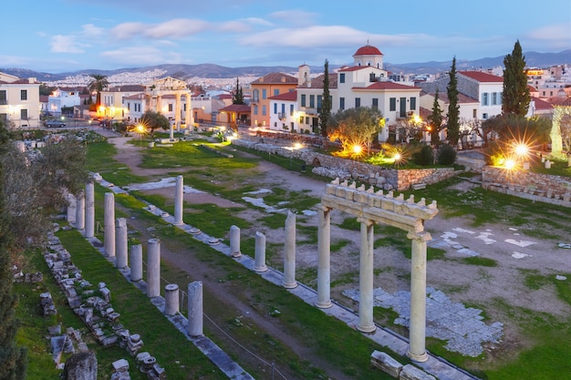 Nacht Romeinse Agora in Athene, Griekenland