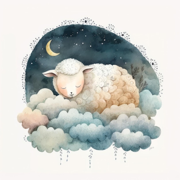 Nacht schattige aquarel schapen Illustratie AI GenerativexA